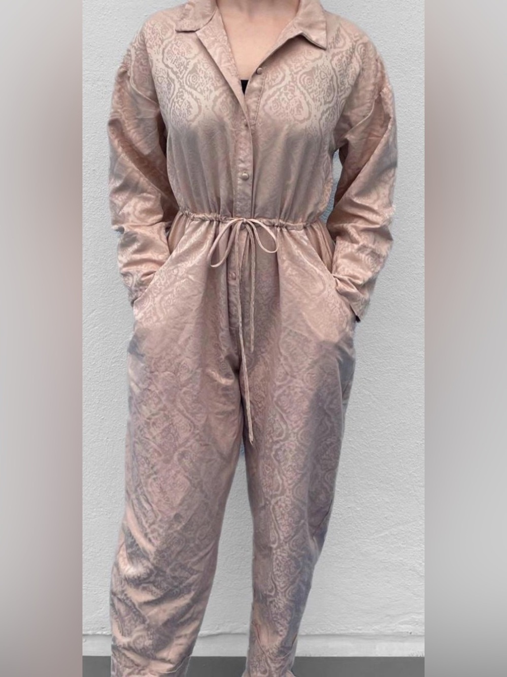 Urban Outfitters Textured Tan Jumpsuit with Drawstring Waist